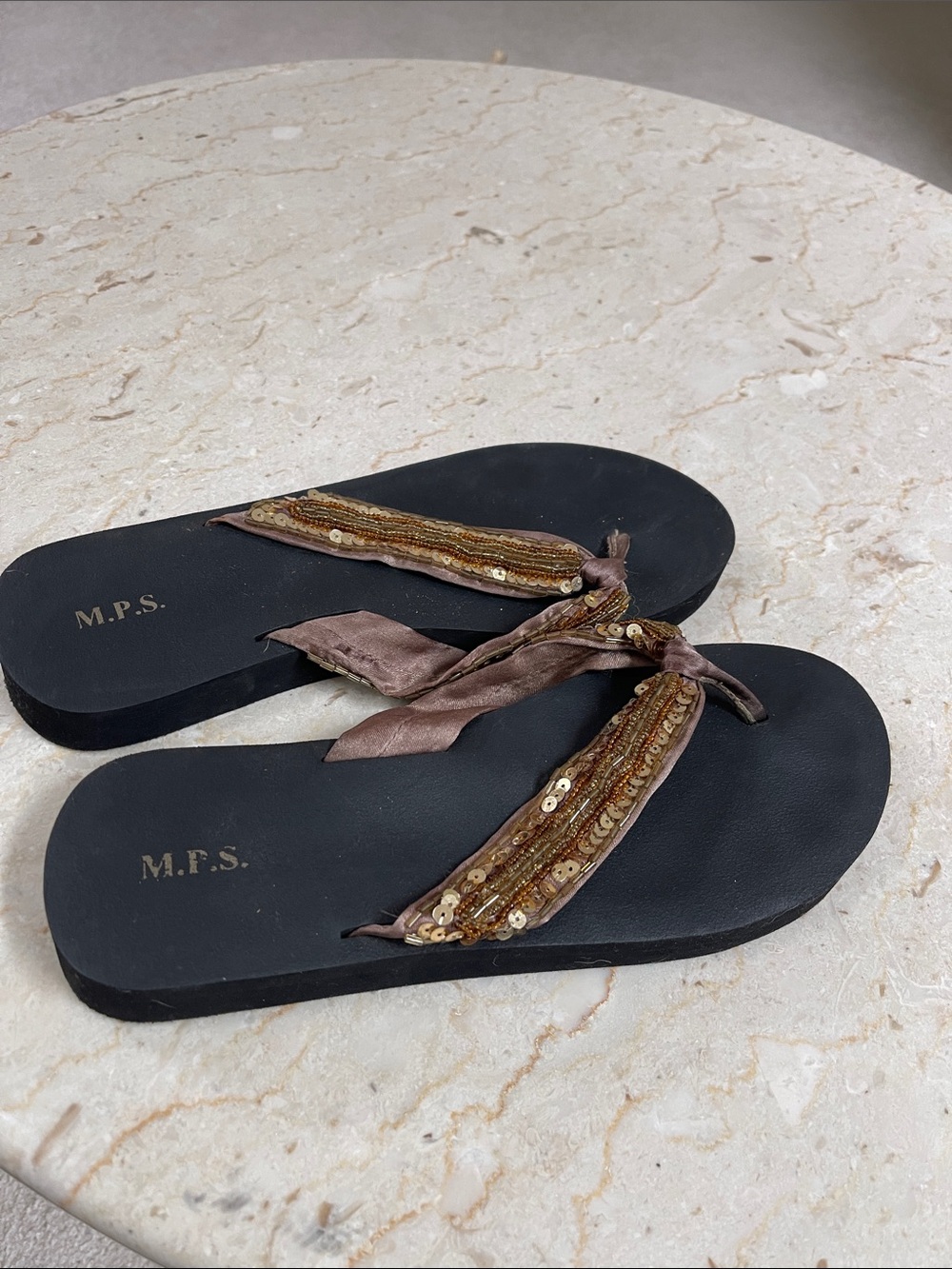 M.P.S. Women's Black Sandal with Brown Sequin Ribbon Straps